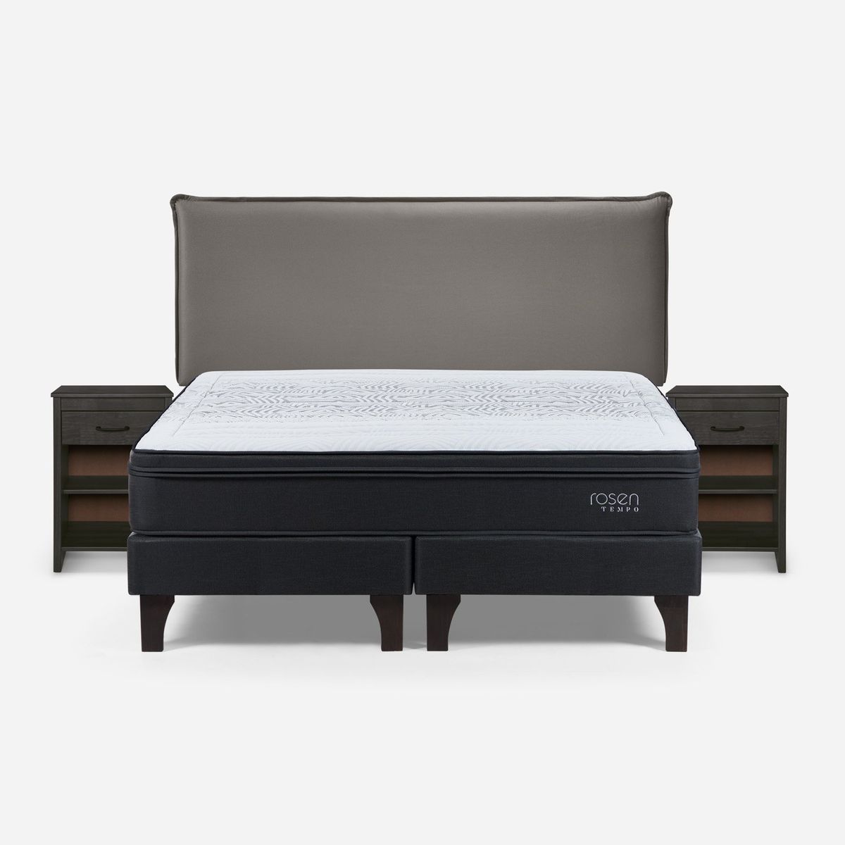 ROSEN - Cama Europea Tempo 2 Plazas x 2.00mt Base Dividida + Respaldo + 2 Veladores Rosen