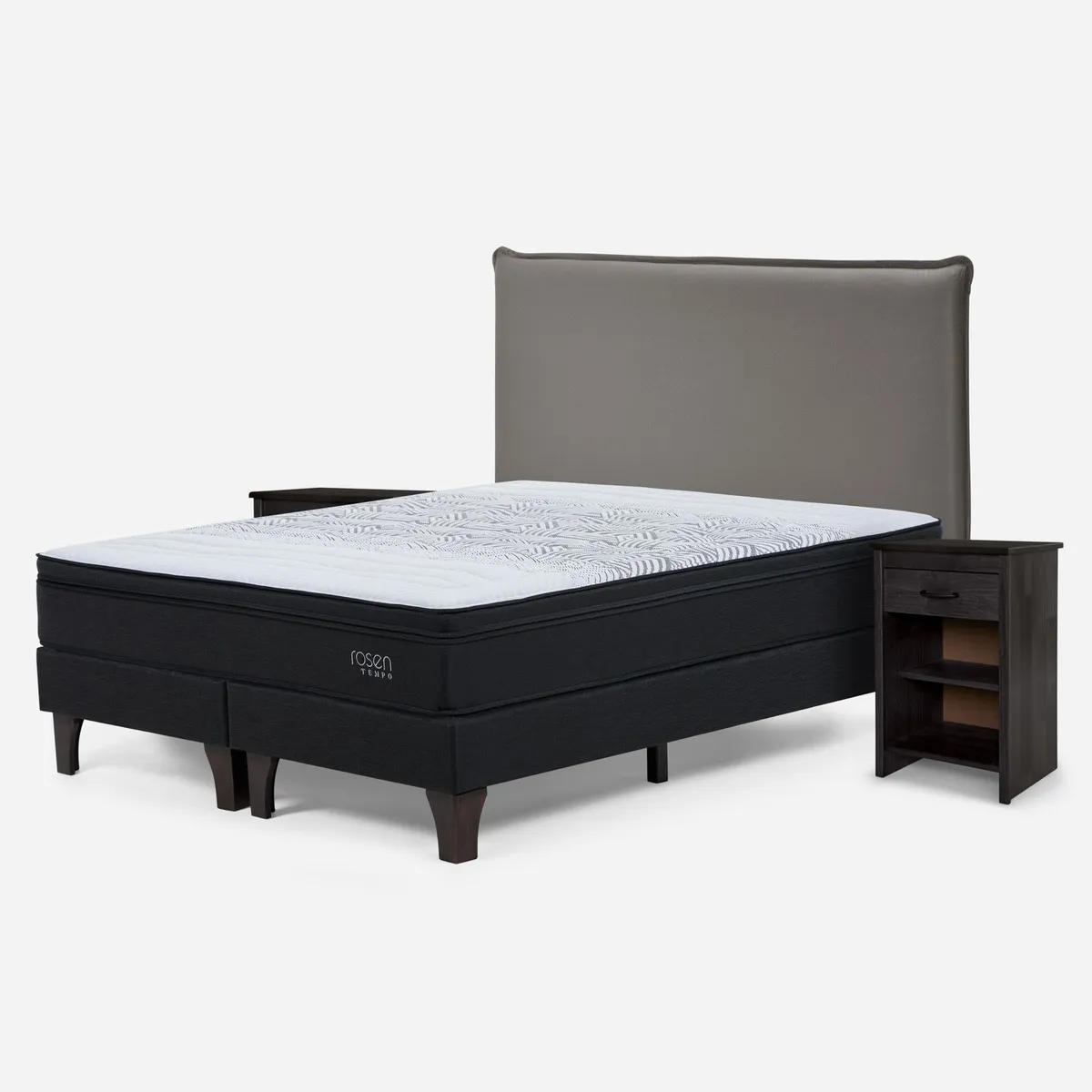 ROSEN - Cama Europea Tempo 2 Plazas x 2.00mt Base Dividida + Respaldo + 2 Veladores Rosen