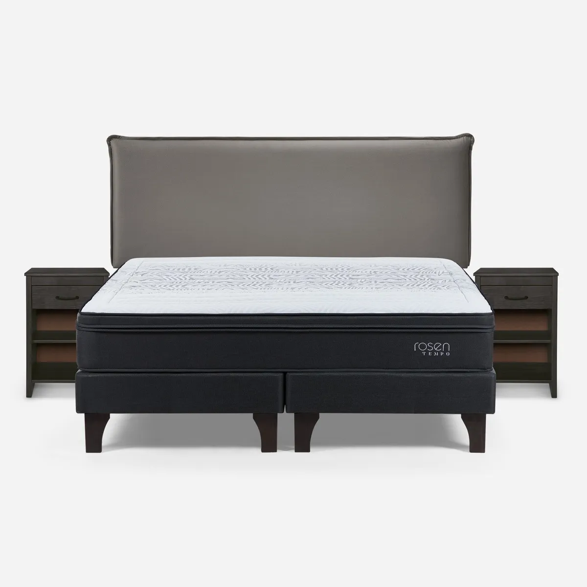 ROSEN - Cama Europea Tempo King x 2.00mt Base Dividida + Respaldo + 2 Veladores Rosen