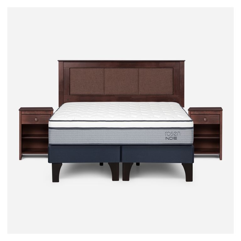 ROSEN Cama Europea Indie King x 2.00 mt Base Dividida + Respaldo + 2 Veladores