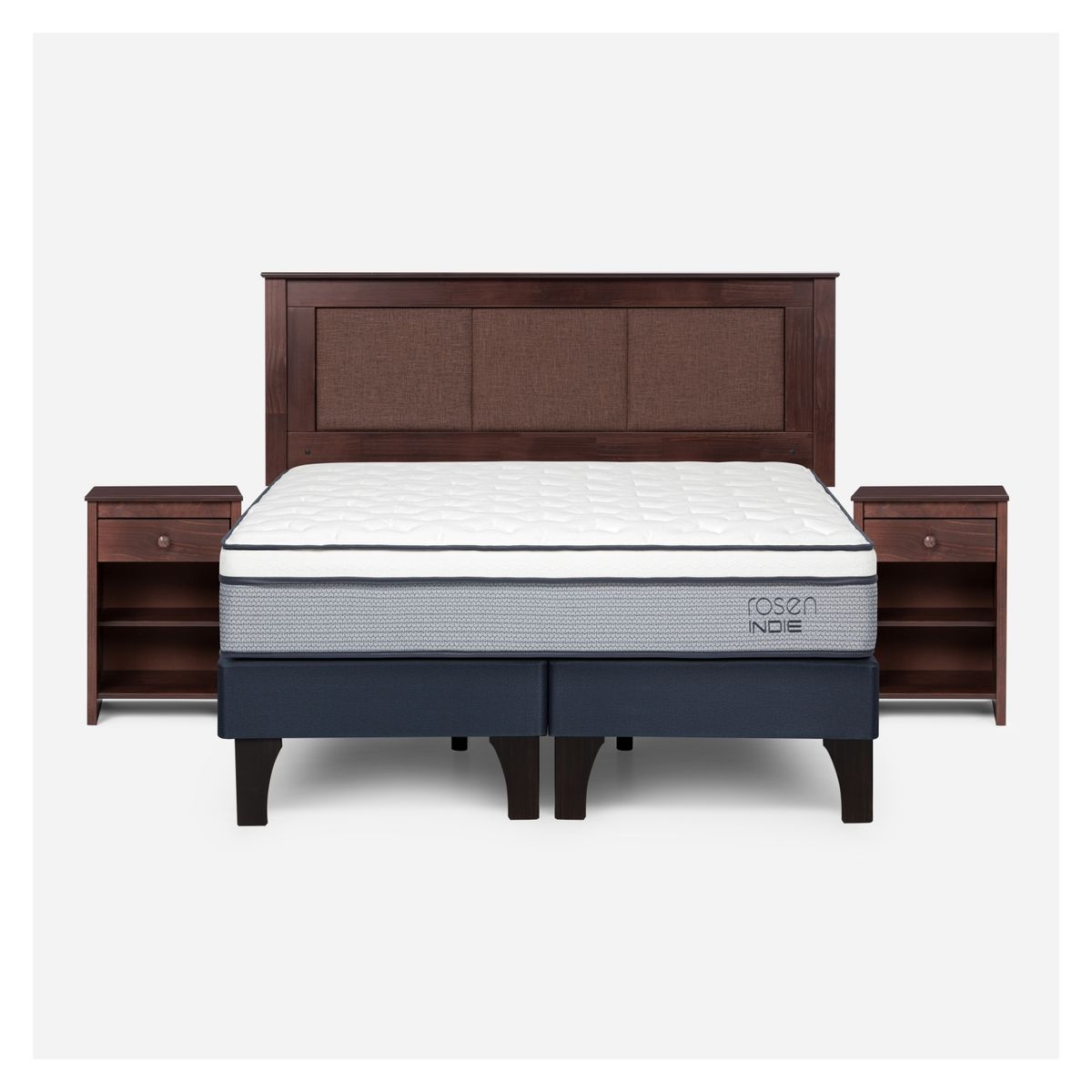 ROSEN - Cama Europea Indie King x 2.00 mt Base Dividida + Respaldo + 2 Veladores Rosen