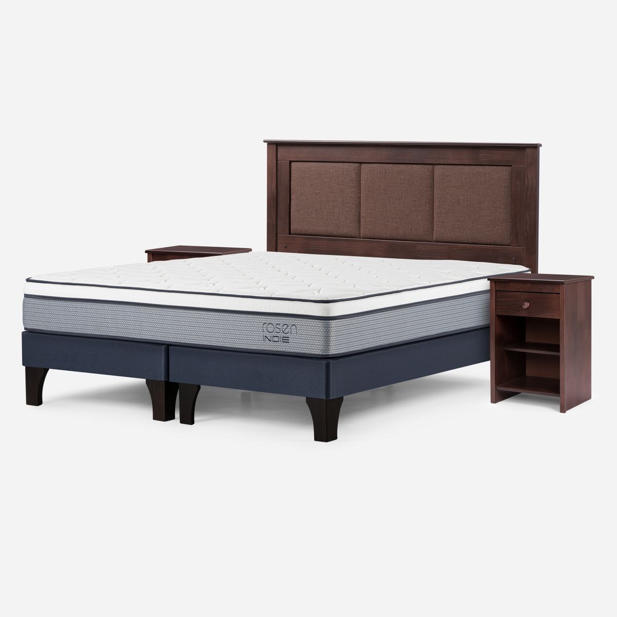 ROSEN - Cama Europea Indie King x 2.00 mt Base Dividida + Respaldo + 2 Veladores Rosen