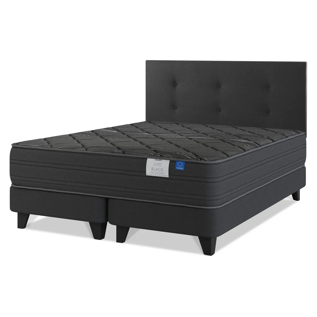 FLEX - Cama Europea Black 2 Plazas 150X200 Cm + Respaldo Royal Negro Flex