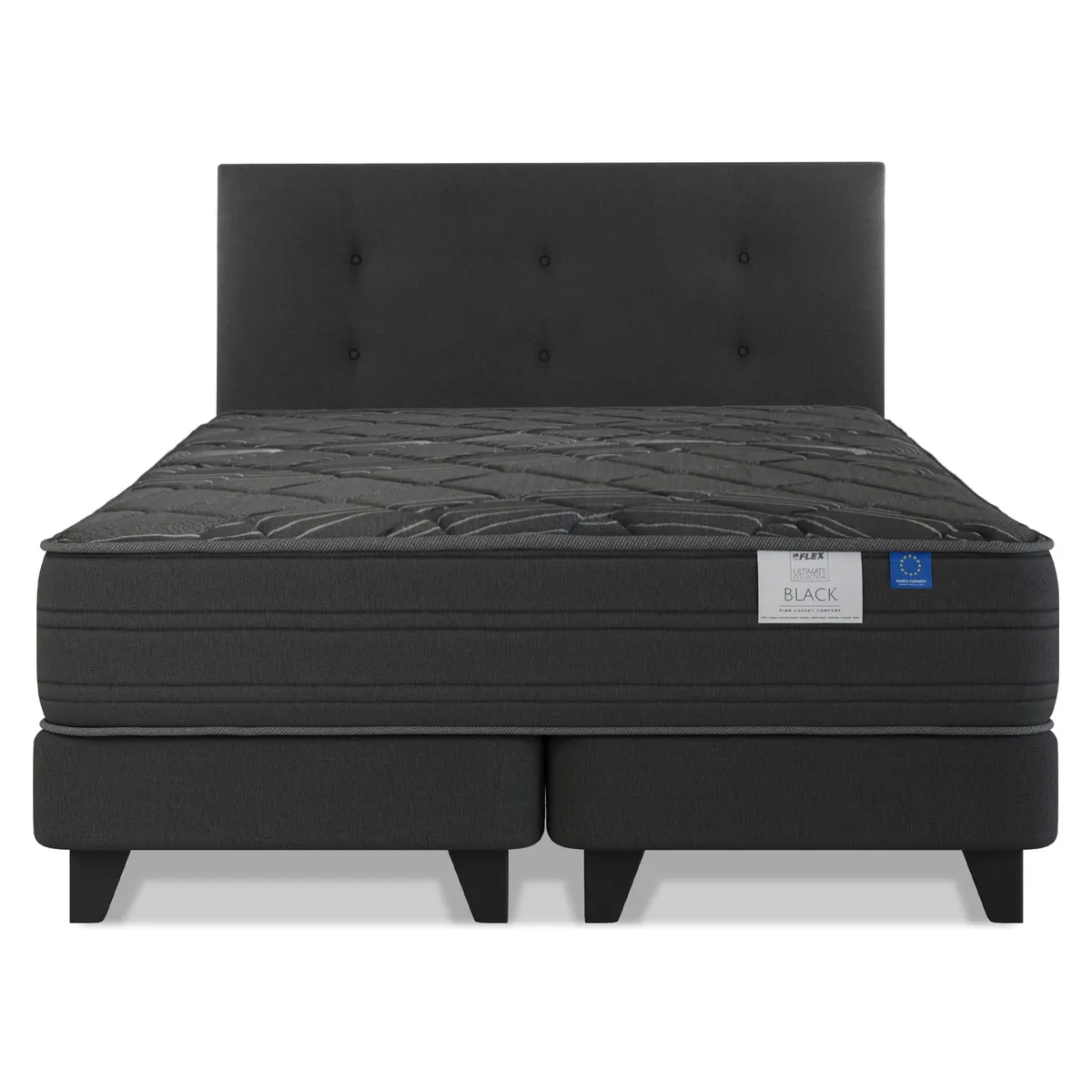 FLEX - Cama Europea Black 2 Plazas 150X200 Cm + Respaldo Royal Negro Flex