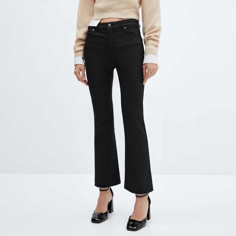 MANGO - Jeans Sienna Tiro Alto Flare Crop Engomado Mujer Mango