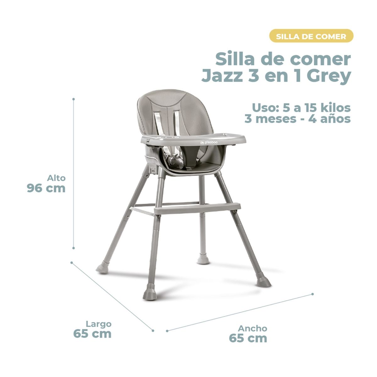 PIKABOO - Silla De Comer Para Bebes 3 En 1 Jazz Gris Pikaboo