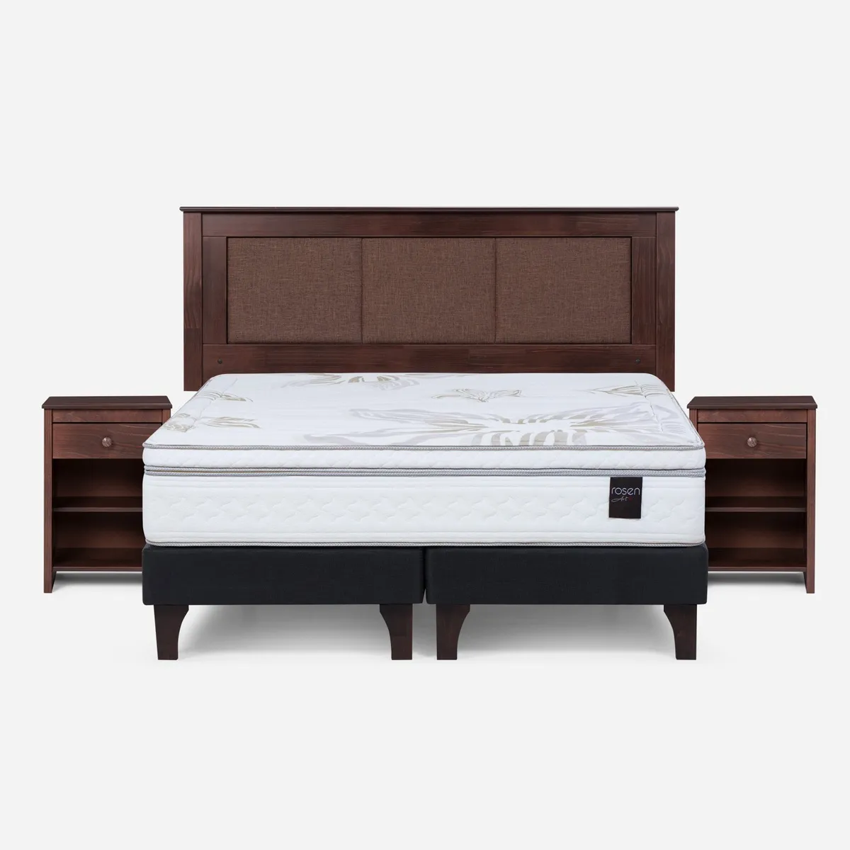 ROSEN - Cama Europea Art 4 2 Plazas x 2.00mt Base Dividida + Respaldo + 2 Veladores Rosen