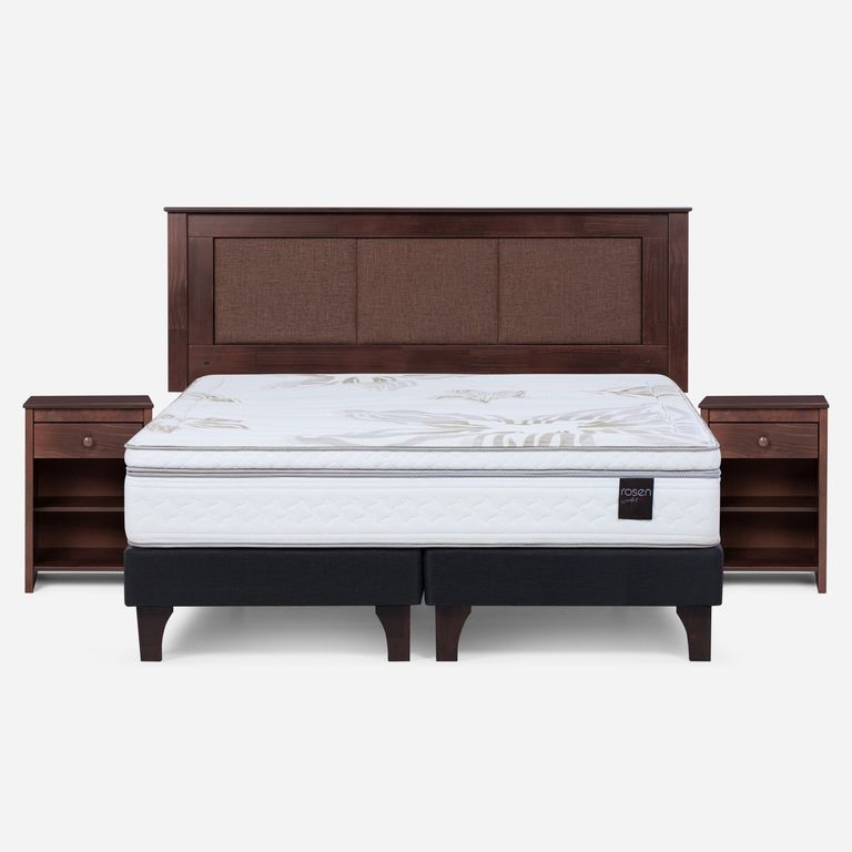 Cama Europea Art 4 King x 2.00mt Base Dividida + Respaldo + 2 Veladores