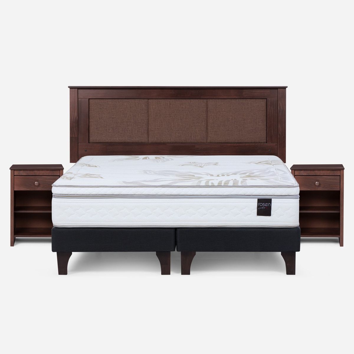 ROSEN - Cama Europea Art 4 King x 2.00mt Base Dividida + Respaldo + 2 Veladores Rosen