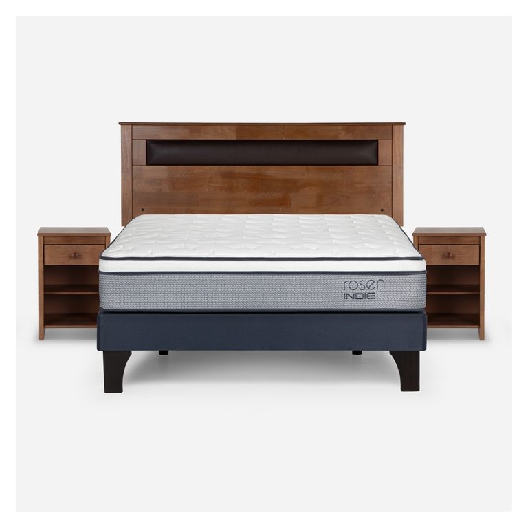 ROSEN Cama Europea Indie 2 Plazas x 2.00 mt Base Normal + Respaldo + 2 Veladores