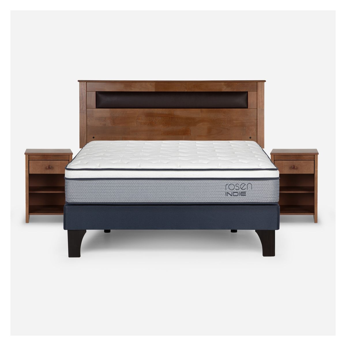 ROSEN - Cama Europea Indie 2 Plazas x 2.00 mt Base Normal + Respaldo + 2 Veladores Rosen