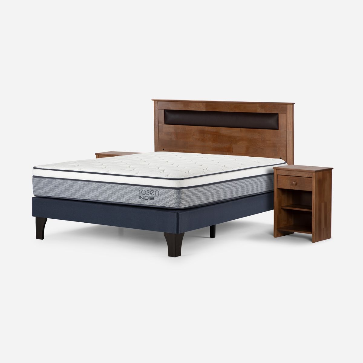 ROSEN - Cama Europea Indie 2 Plazas x 2.00 mt Base Normal + Respaldo + 2 Veladores Rosen