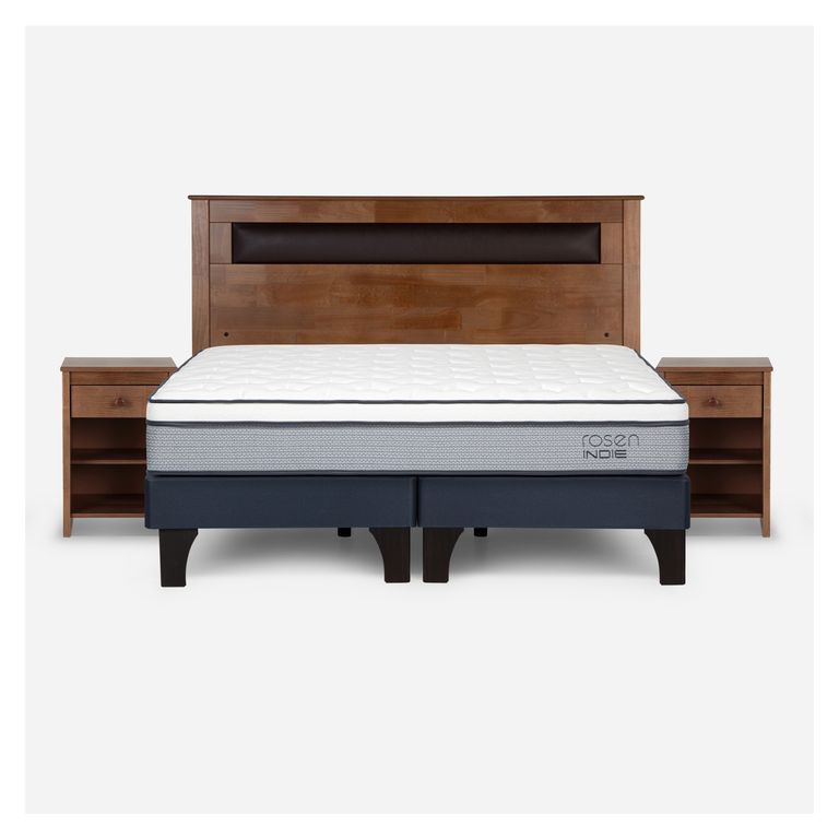 ROSEN Cama Europea Indie 2 Plazas x 2.00 mt Base Dividida + Respaldo + 2 Veladores