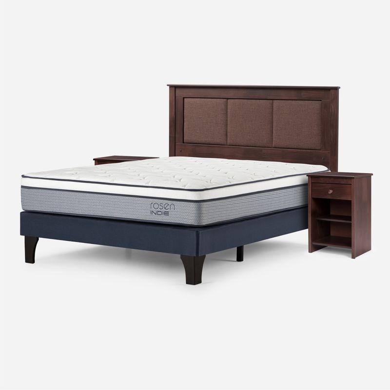 ROSEN - Cama Europea Indie 2 Plazas + Respaldo + 2 Veladores Rosen