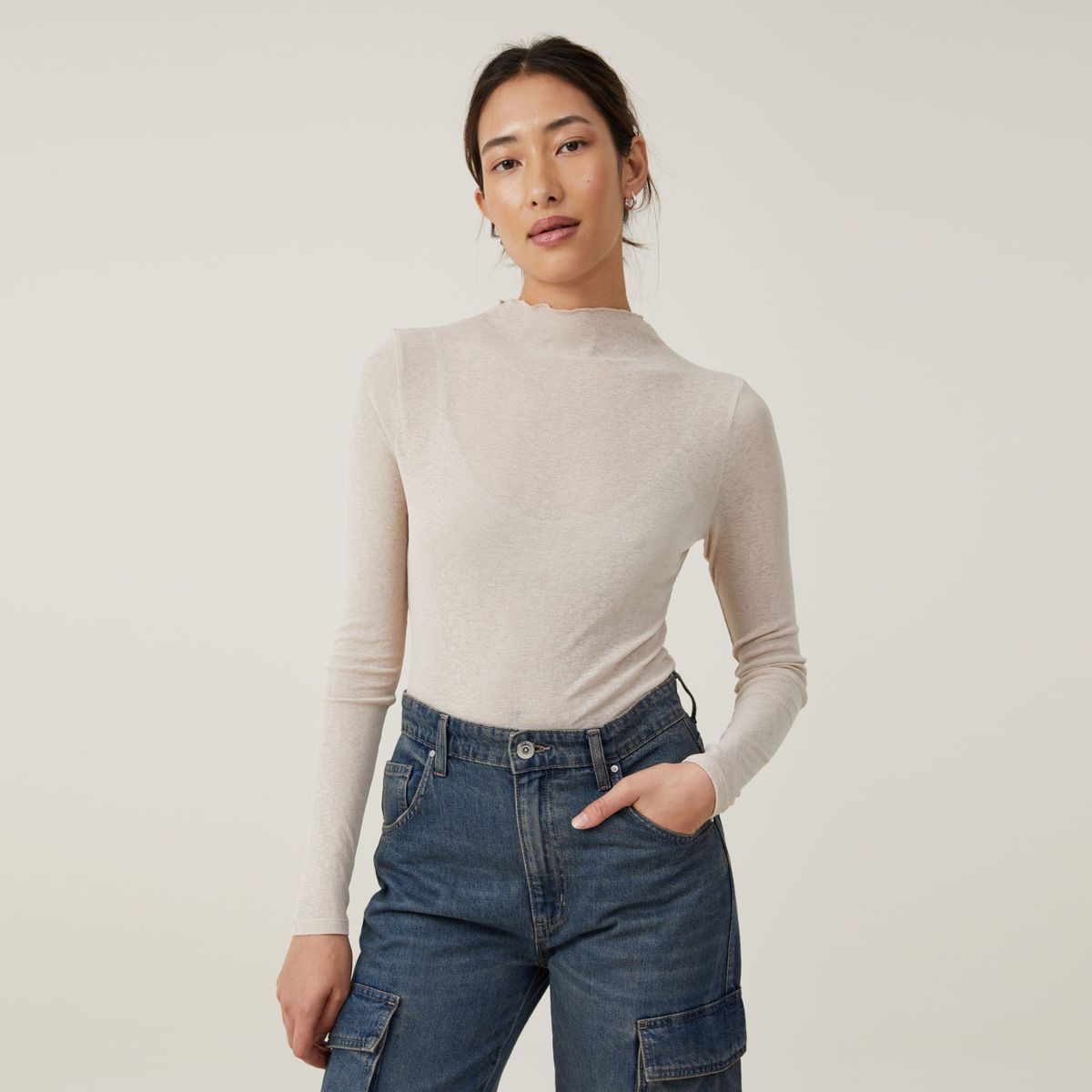 COTTON ON - Polera Con Cuello Manga Larga Mujer Cotton On