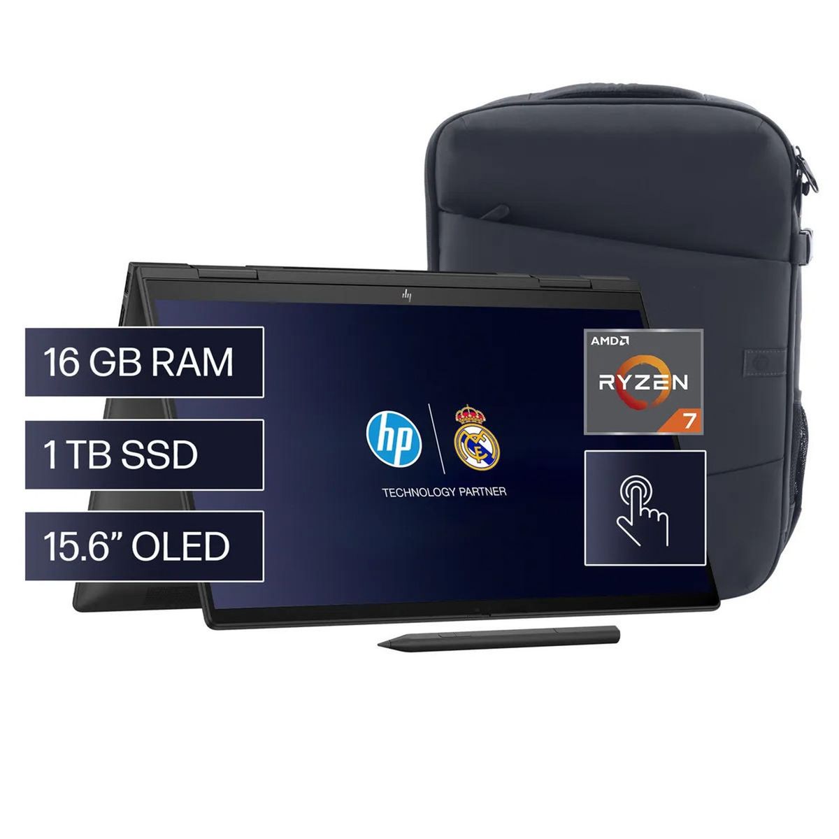 HP - Notebook HP ENVY x360 15-FH0003LA AMD Ryzen 7 16GB 1TB SSD 15,6" FHD OLED Táctil + Lápiz y Mochila