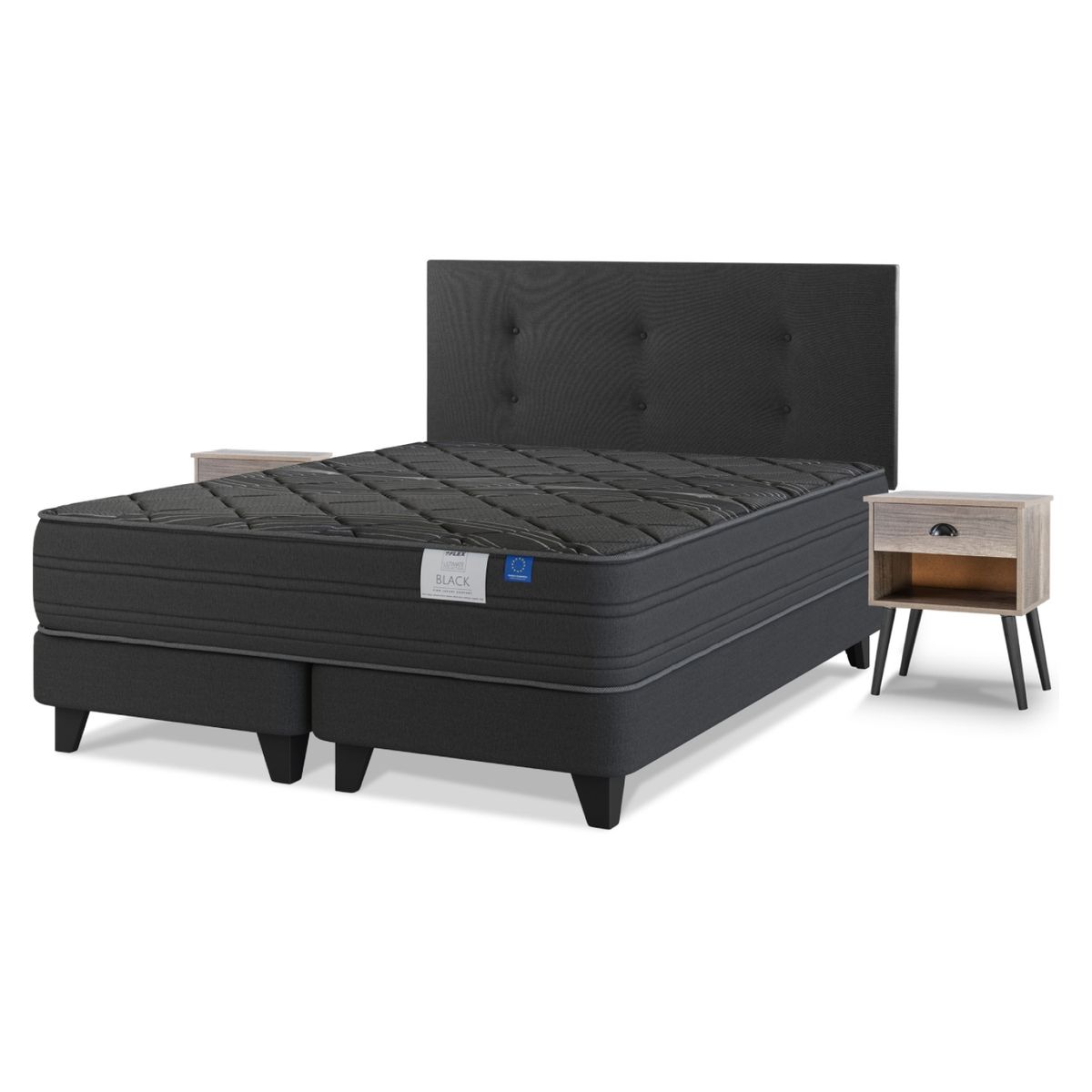FLEX - Cama Europea Black 2 Plazas x 2.00mt Base Dividida + Respaldo + 2 Veladores Flex