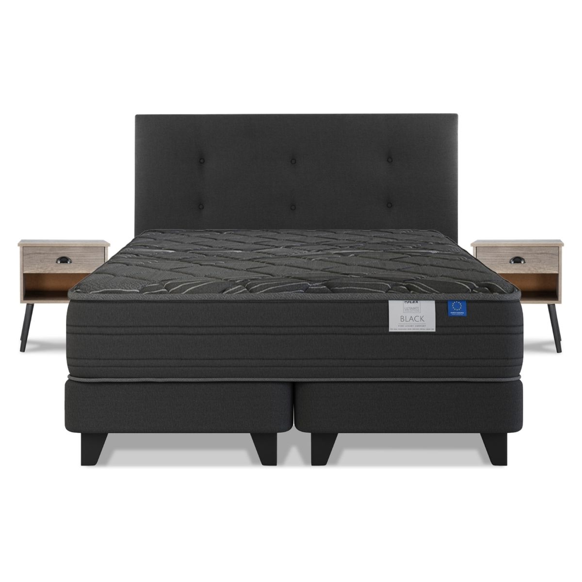 FLEX - Cama Europea Black 2 Plazas x 2.00mt Base Dividida + Respaldo + 2 Veladores Flex
