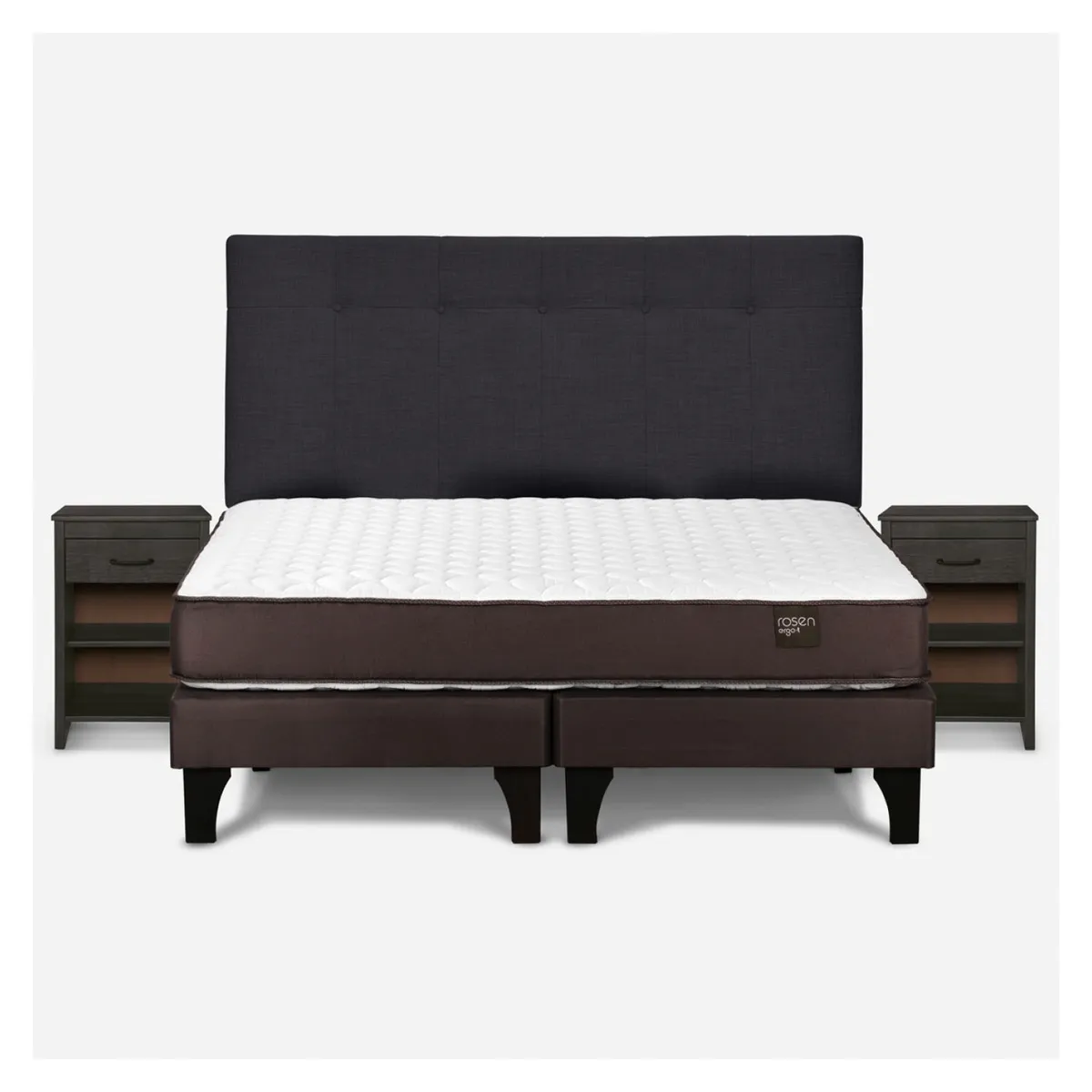 ROSEN - Cama Europea New Ergo T King x 2.00 mt Base Dividida + Respaldo + 2 Veladores Rosen