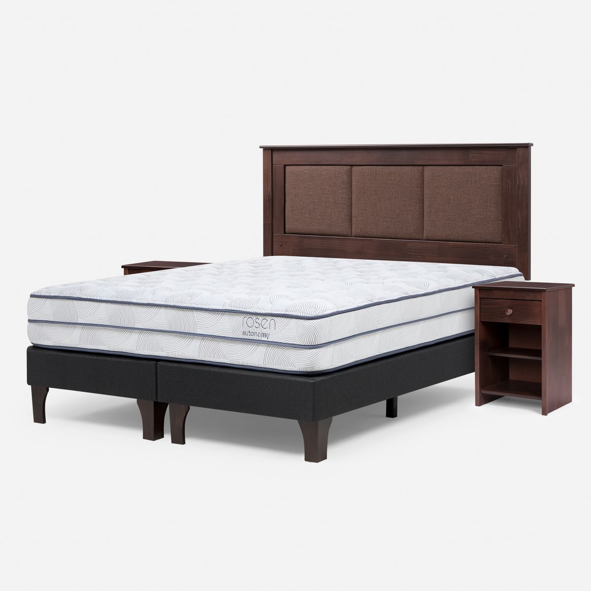 ROSEN - Cama Europea Autonomy Sky 2 Plazas x 2.00mt Base Dividida + Respaldo + 2 Veladores Rosen