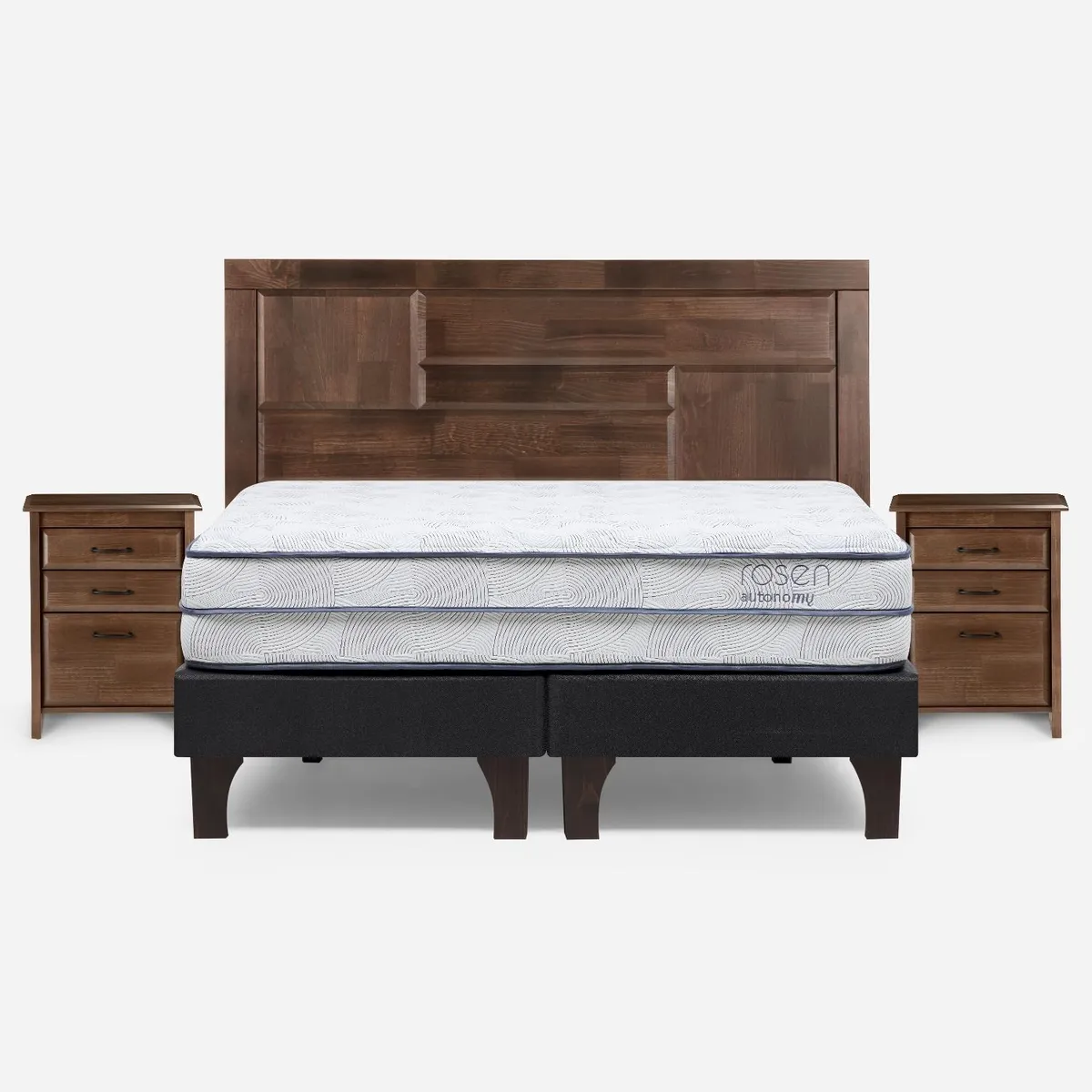 ROSEN - Cama Europea Autonomy Sky 2 Plazas x 2.00mt Base Dividida + Respaldo + 2 Veladores Rosen