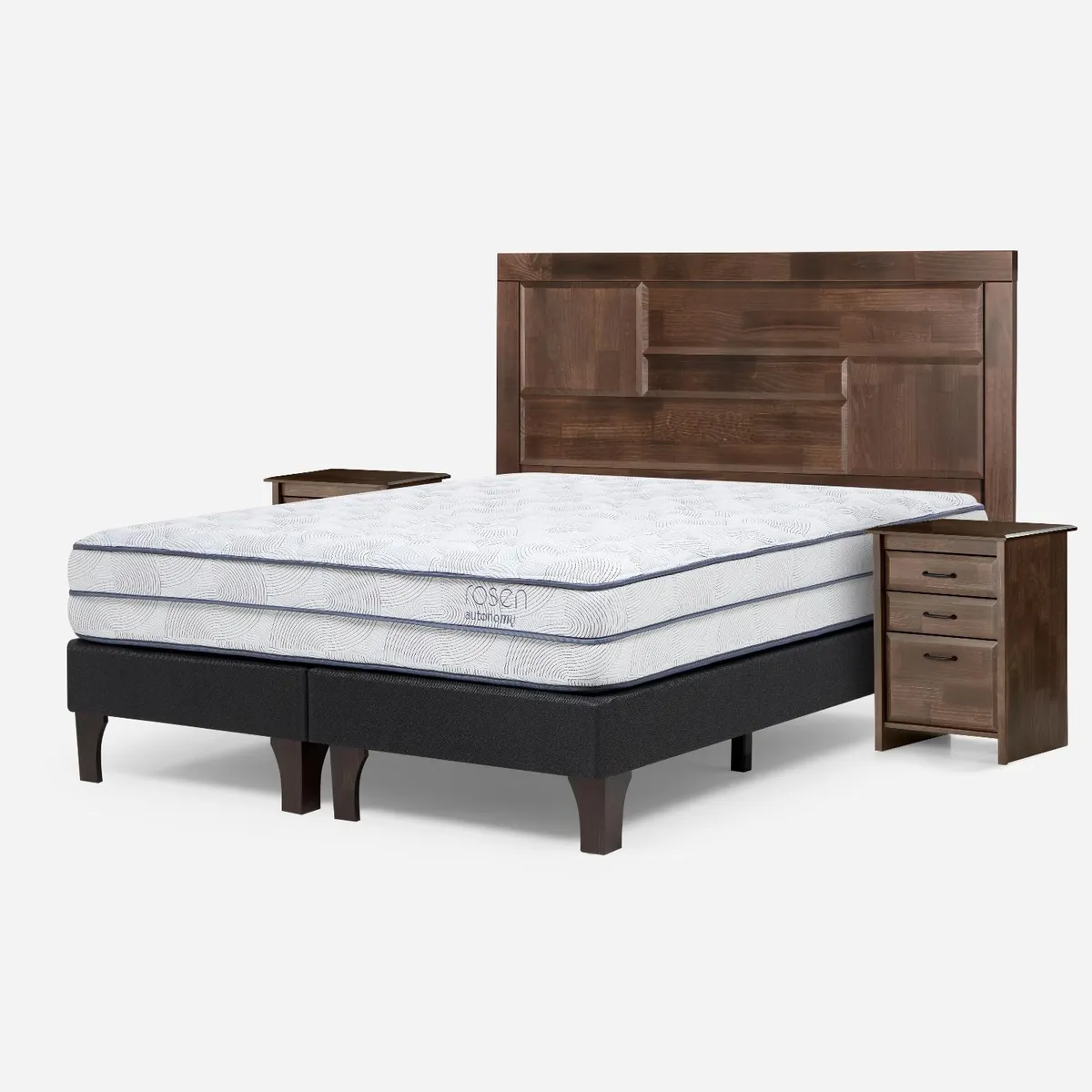 ROSEN - Cama Europea Autonomy Sky 2 Plazas x 2.00mt Base Dividida + Respaldo + 2 Veladores Rosen