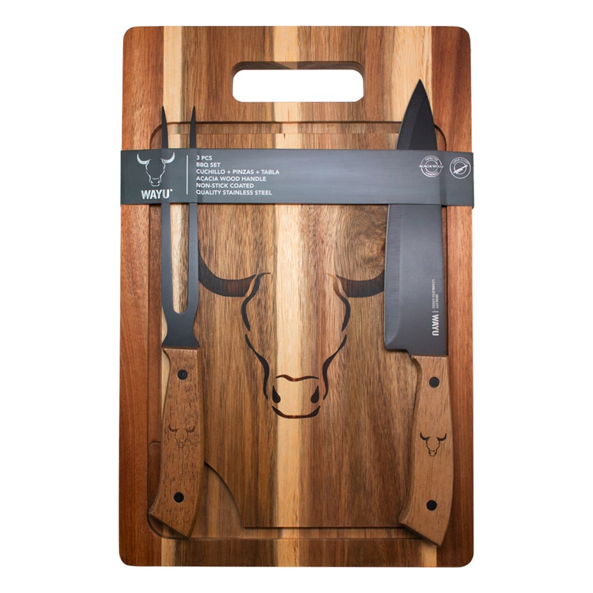 WAYU - Set Tabla Cuchillo Tenedor Acero Inoxidable Wayu