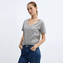MANGO - Polera Cuello Pico Algodón Manga Corta Mujer