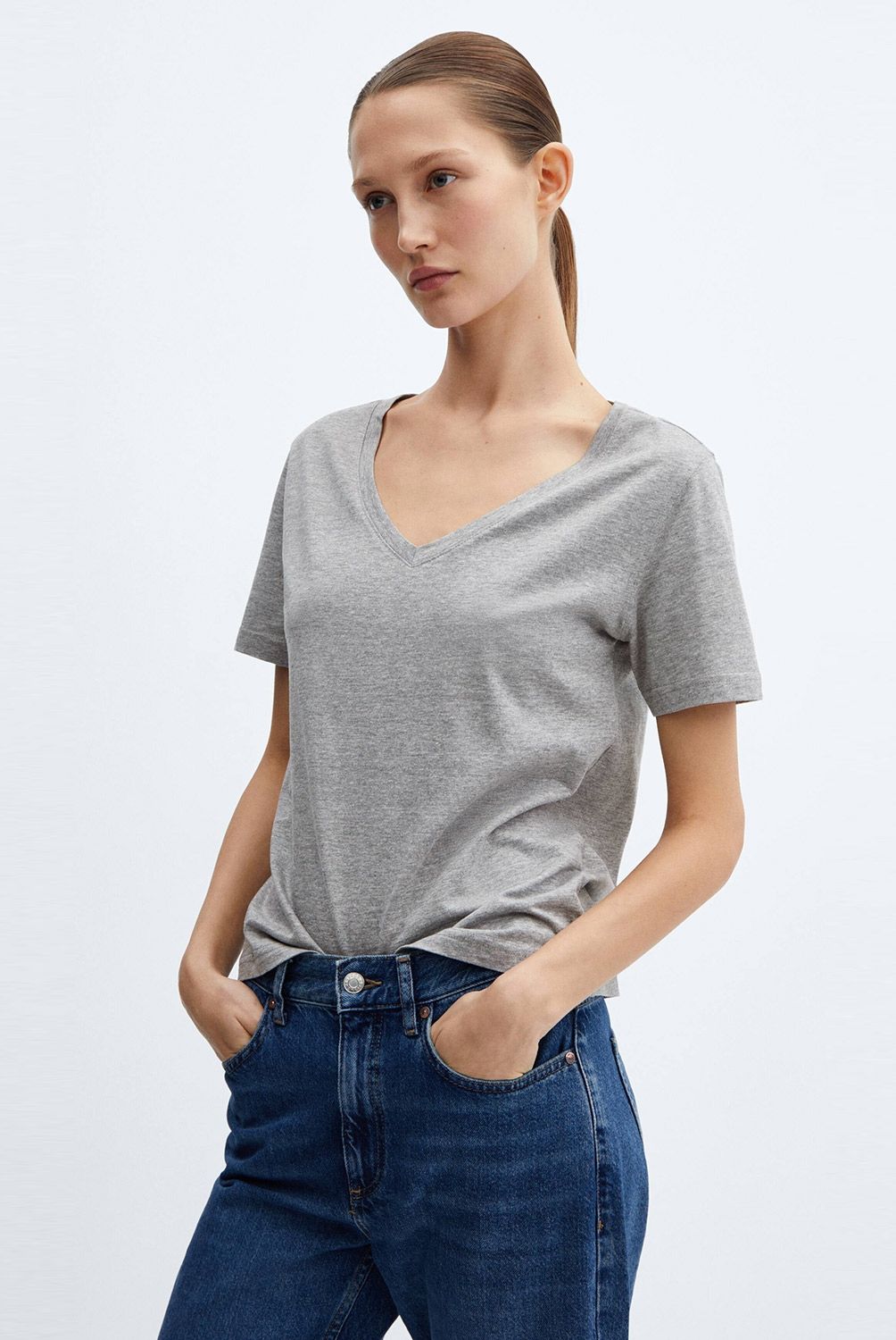 MANGO - Polera Cuello Pico Algodón Manga Corta Mujer Mango