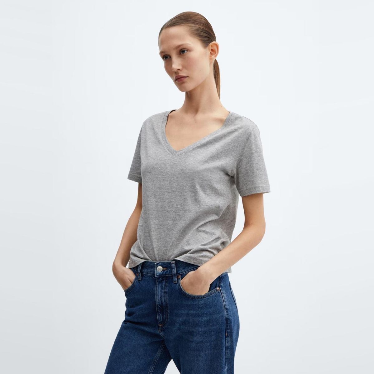 MANGO - Polera Cuello Pico Algodón Manga Corta Mujer Mango