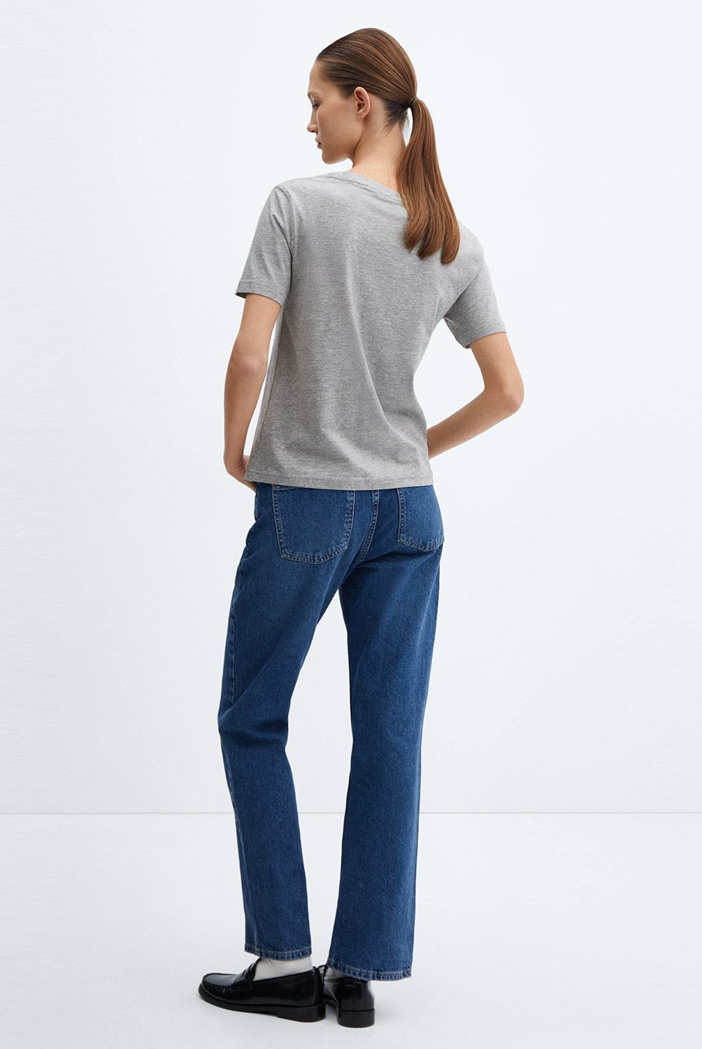MANGO - Polera Cuello Pico Algodón Manga Corta Mujer Mango