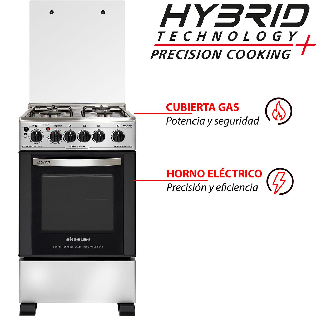 SINDELEN - Cocina A Gas Híbrida 4 Quemadores + Horno Eléctrico 58 lt Ch-540Ni Sindelen