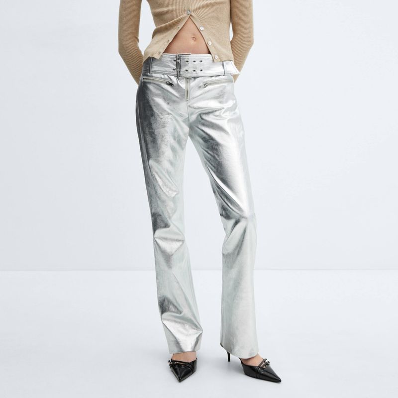 MANGO - Pantalón Metalizado Cinturón Mujer Mango