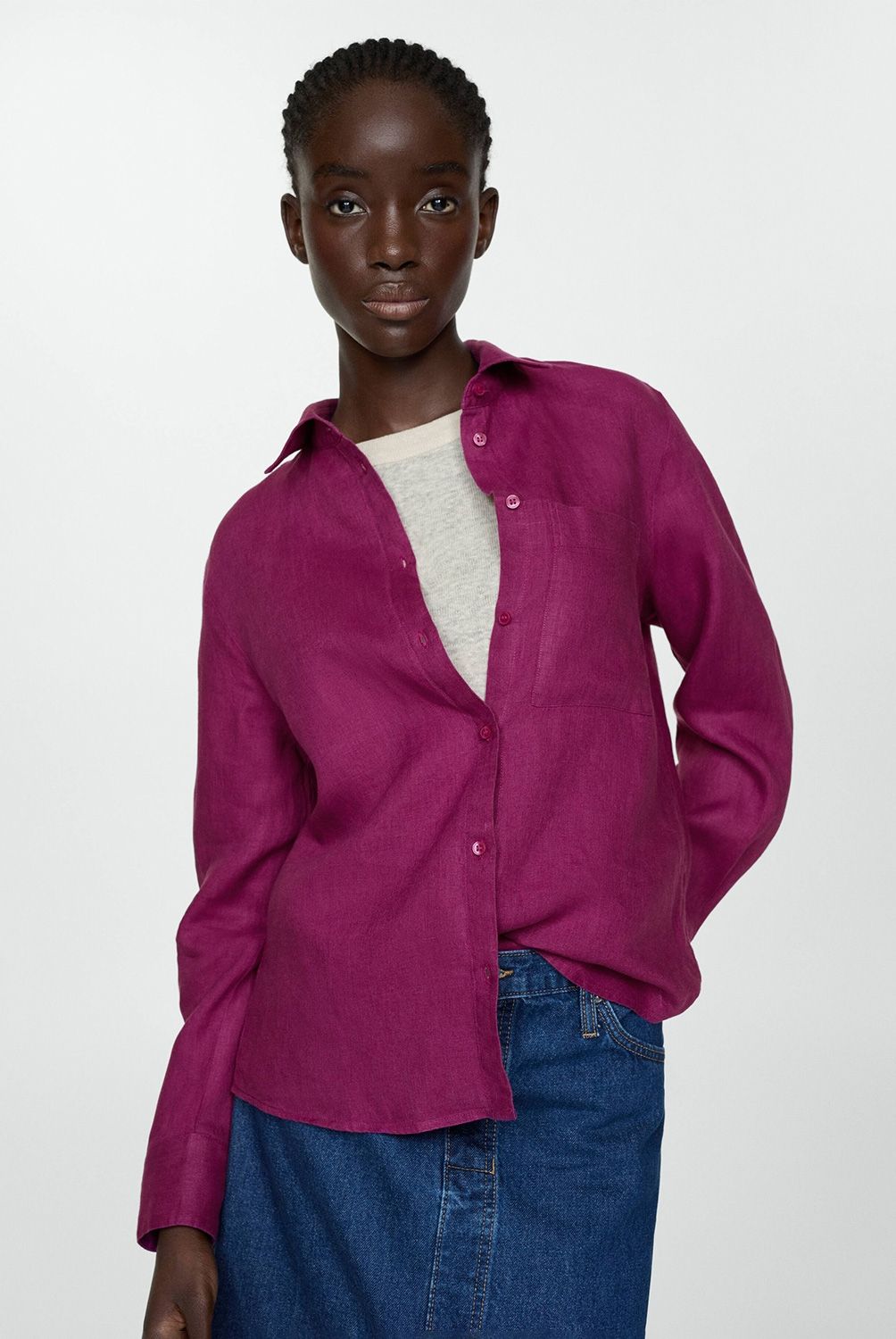 MANGO - Blusa 100% Lino Cuello Bolsillo Mujer Mango