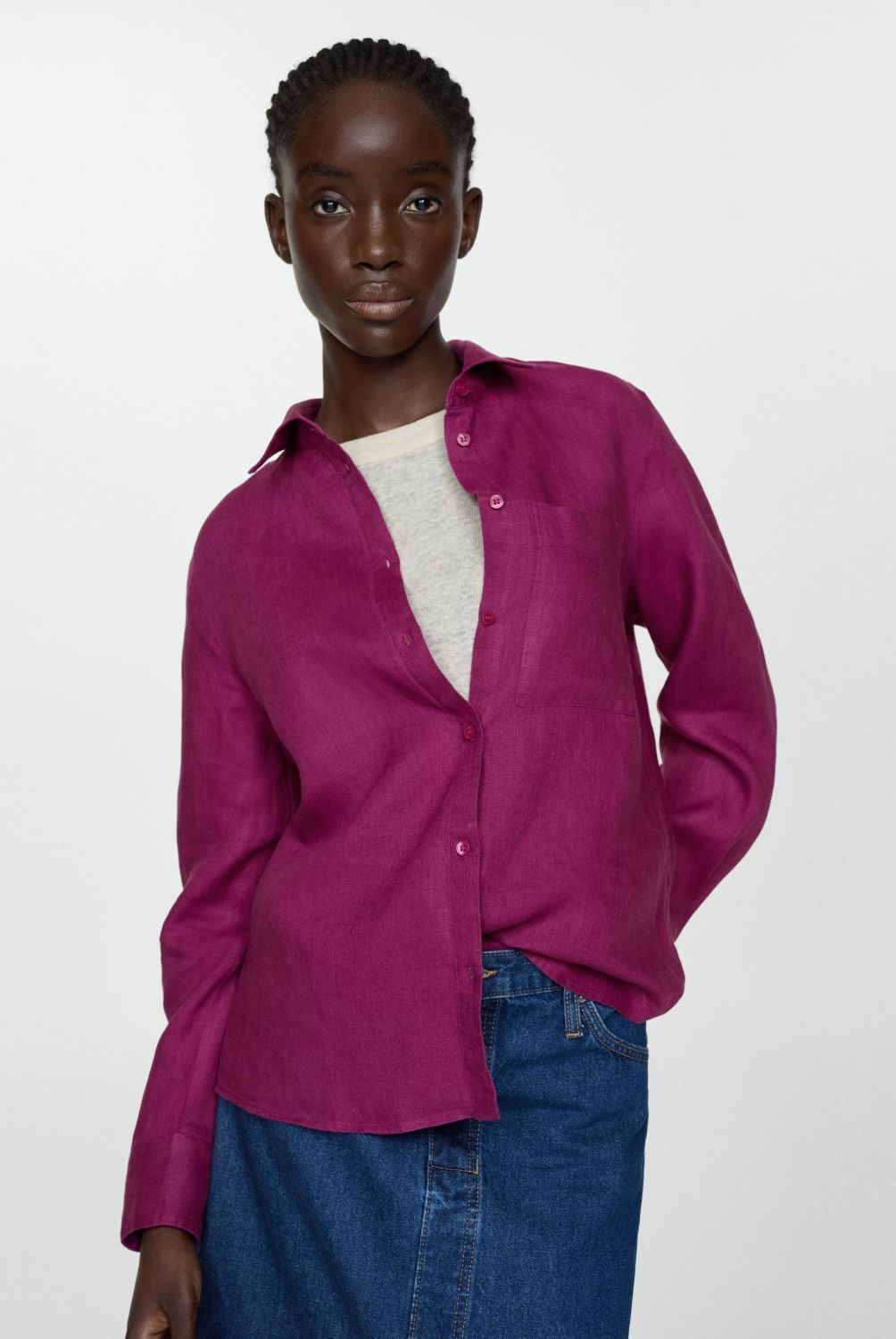 MANGO - Blusa 100% Lino Cuello Bolsillo Mujer Mango