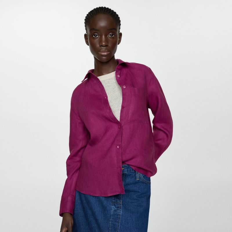MANGO - Blusa 100% Lino Cuello Bolsillo Mujer Mango