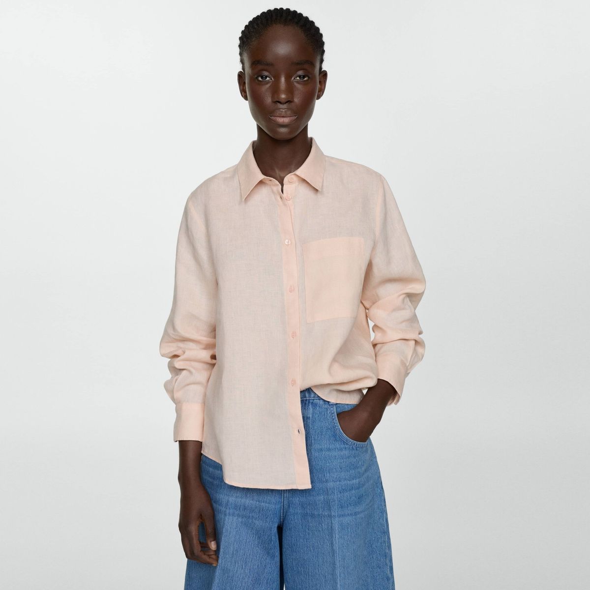 MANGO - Blusa 100% Lino Cuello Bolsillo Mujer Mango