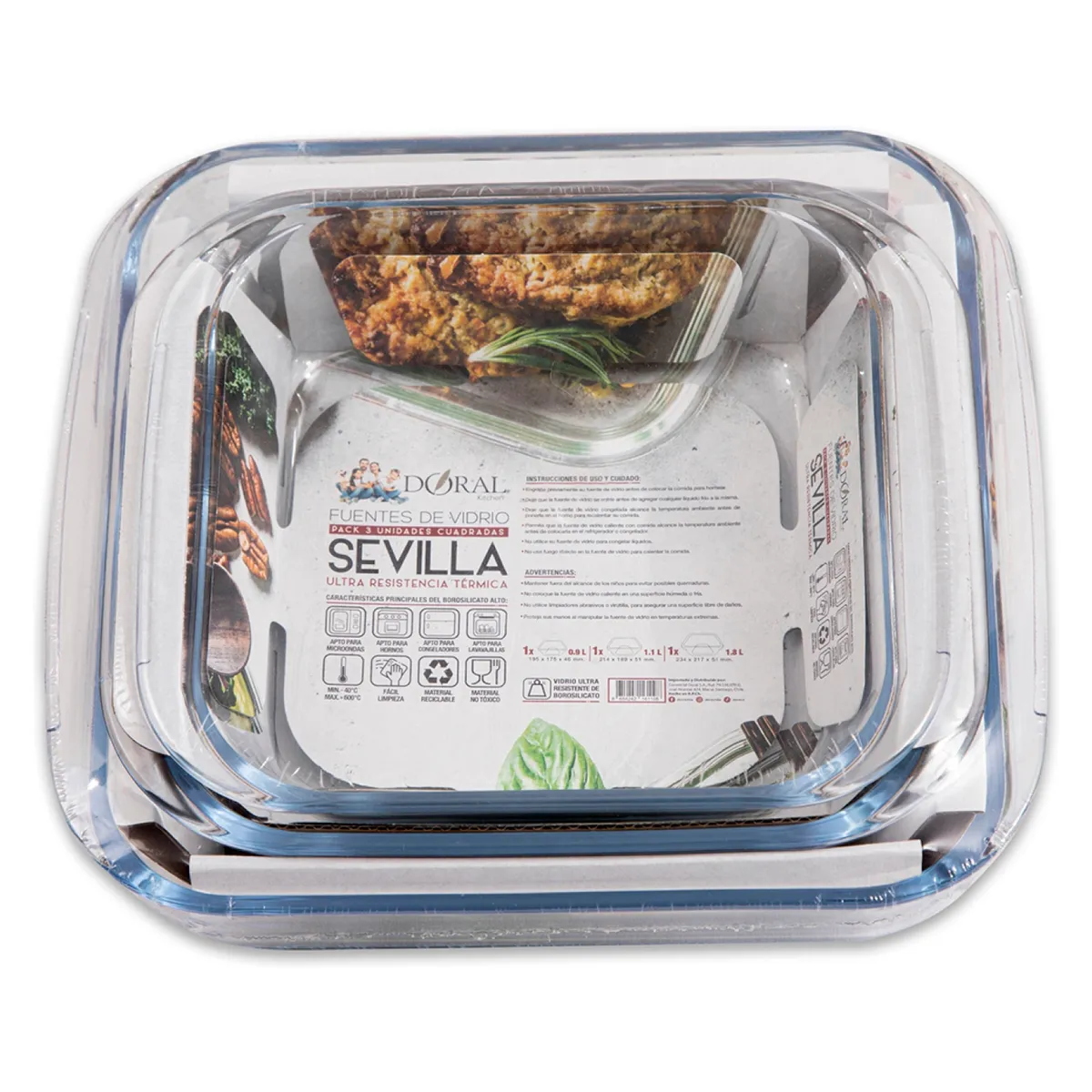 DORAL - Set 3 Fuentes Vidrio Cuadrada (1.8-1.1-0.9) Sevilla Doral