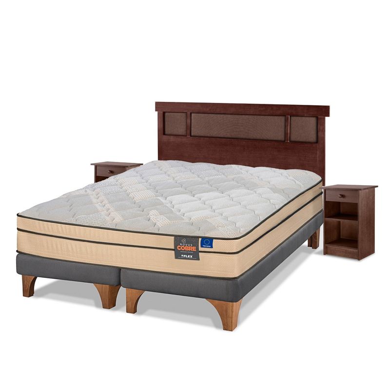FLEX - Cama Europea Novus Cobre 2 Plazas + Respaldo + 2 Veladores Flex