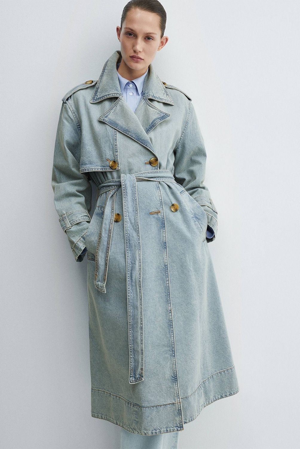 MANGO - Trench Denim Doble Botonadura Mujer Mango