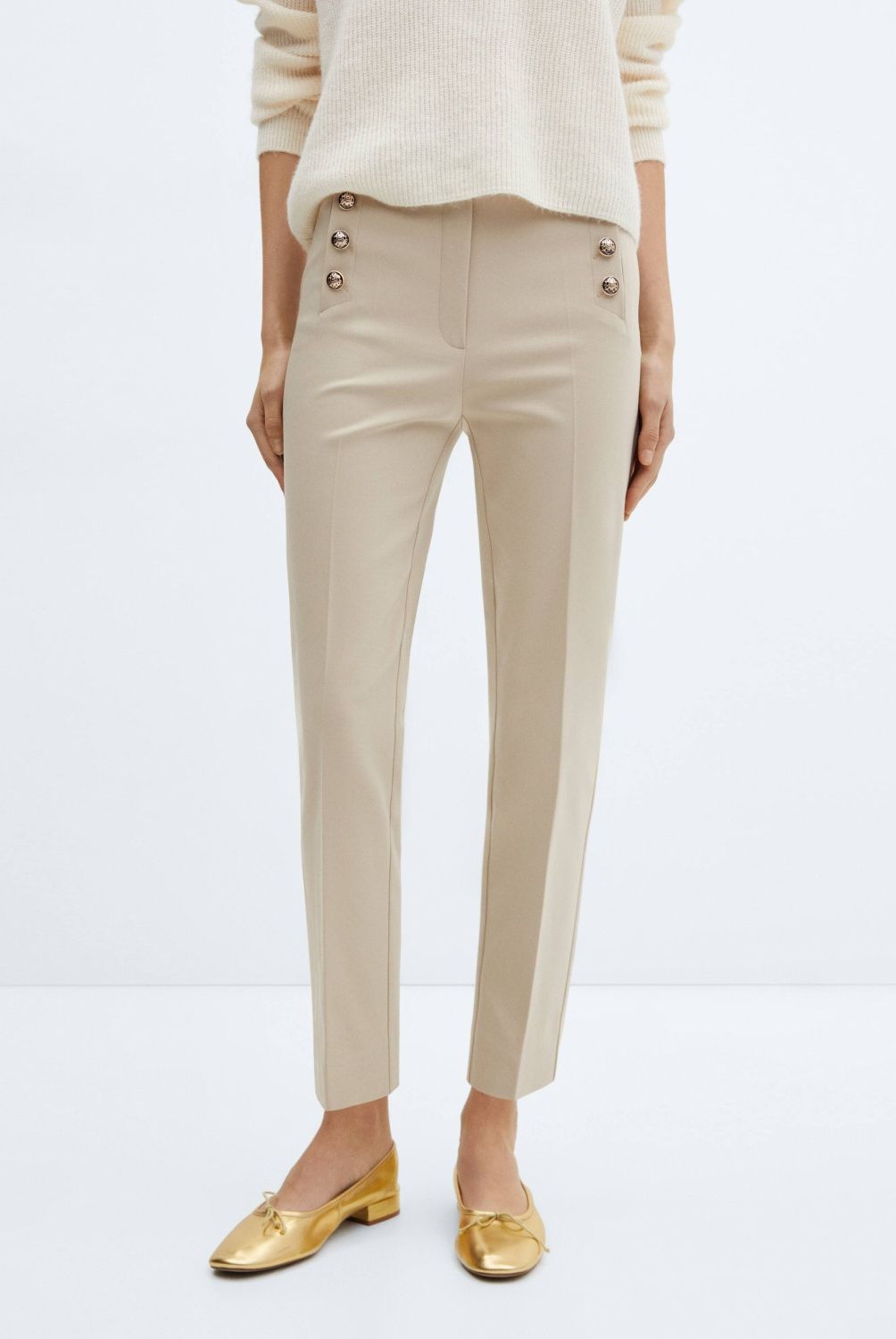 MANGO - Pantalón Crop Botones Tiro Alto Mujer Mango