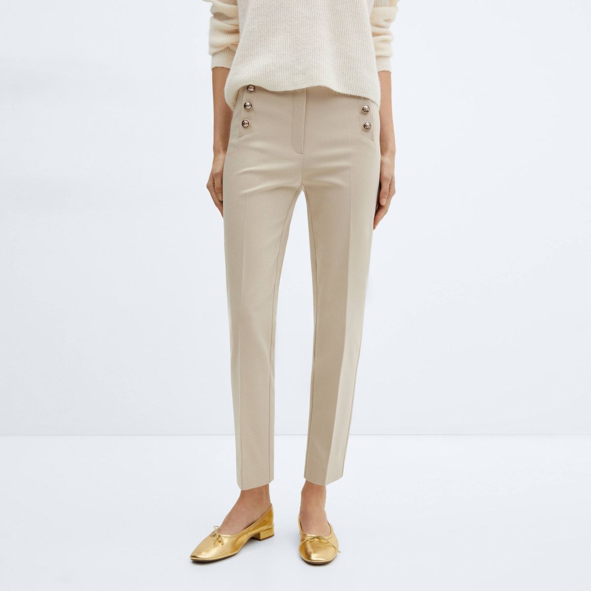 MANGO - Pantalón Crop Botones Tiro Alto Mujer Mango