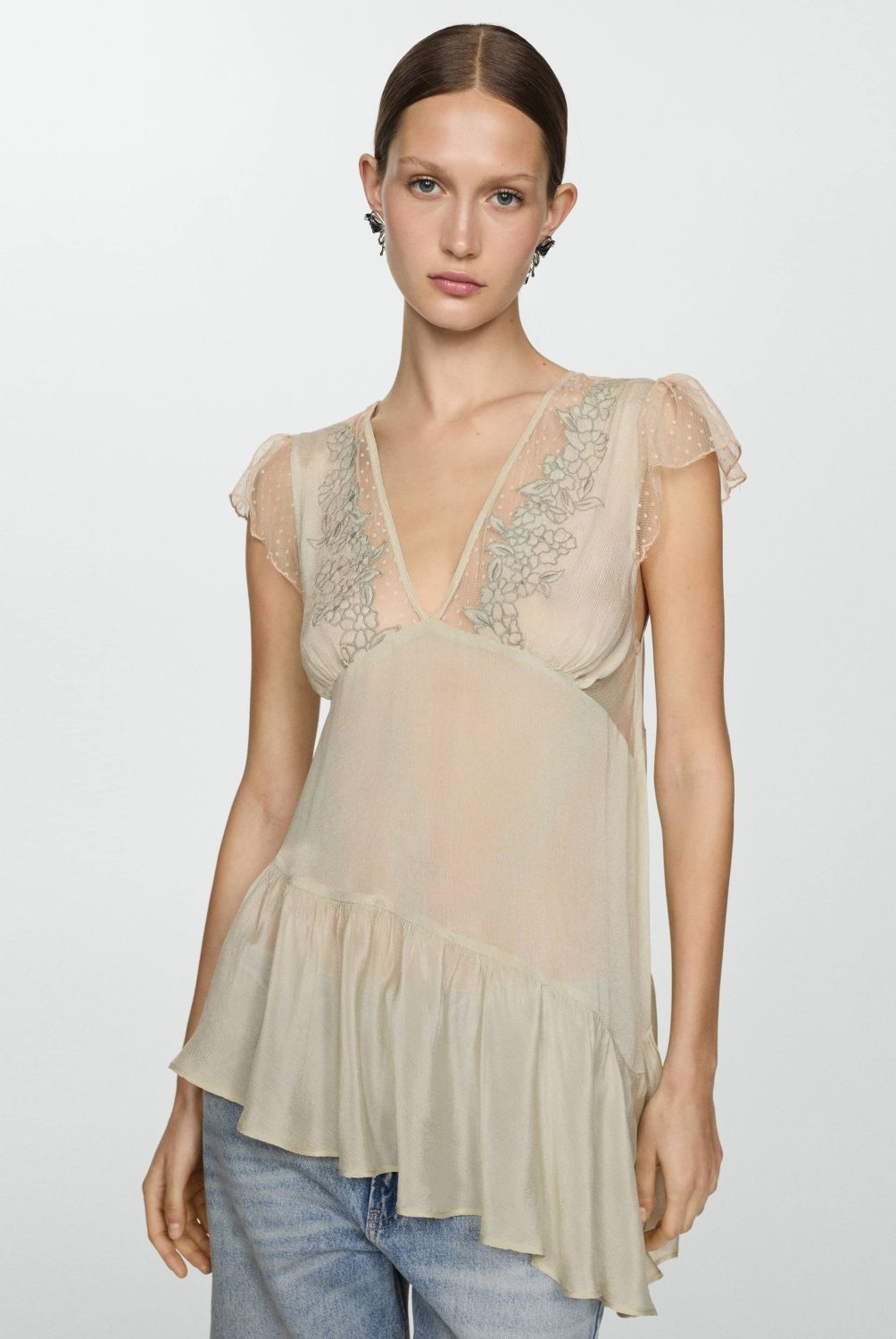 MANGO - Blusa Asimétrica Bordada Mujer Mango