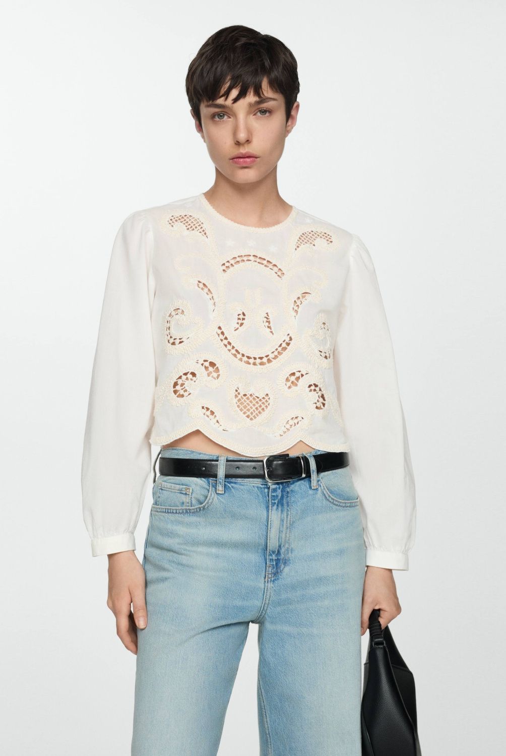 MANGO - Blusa Bordada Manga Abullonada Mujer Mango