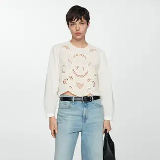 MANGO - Blusa Bordada Manga Abullonada Mujer
