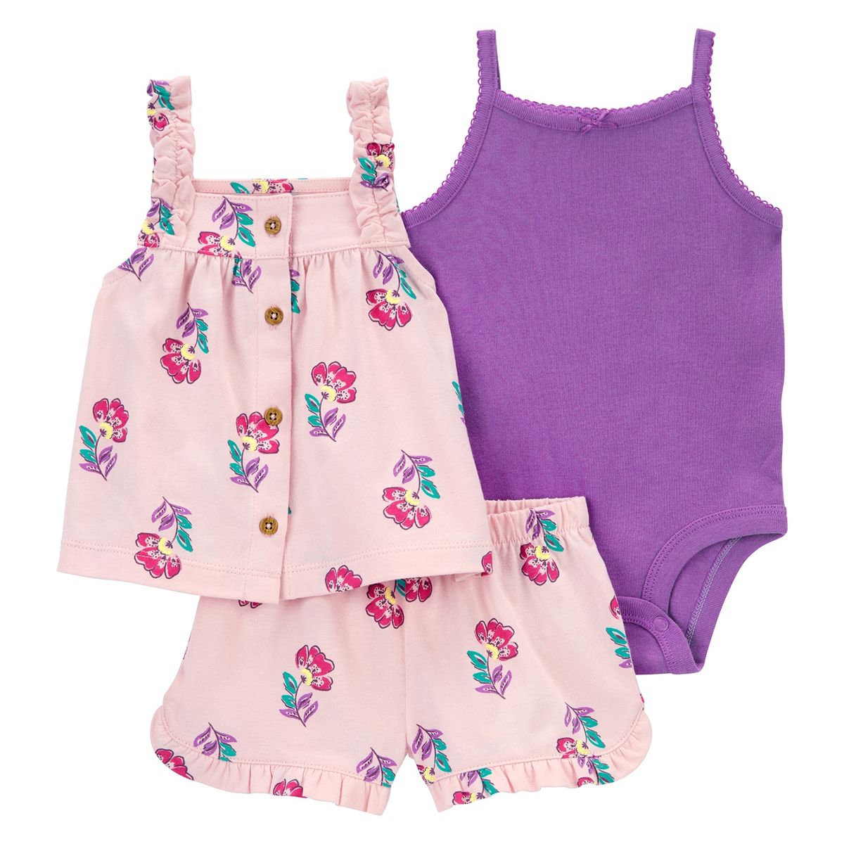 CARTER'S - Conjunto 3 Piezas Carter's Bebé Niña: Polera Floral, Body y Short Bombacho