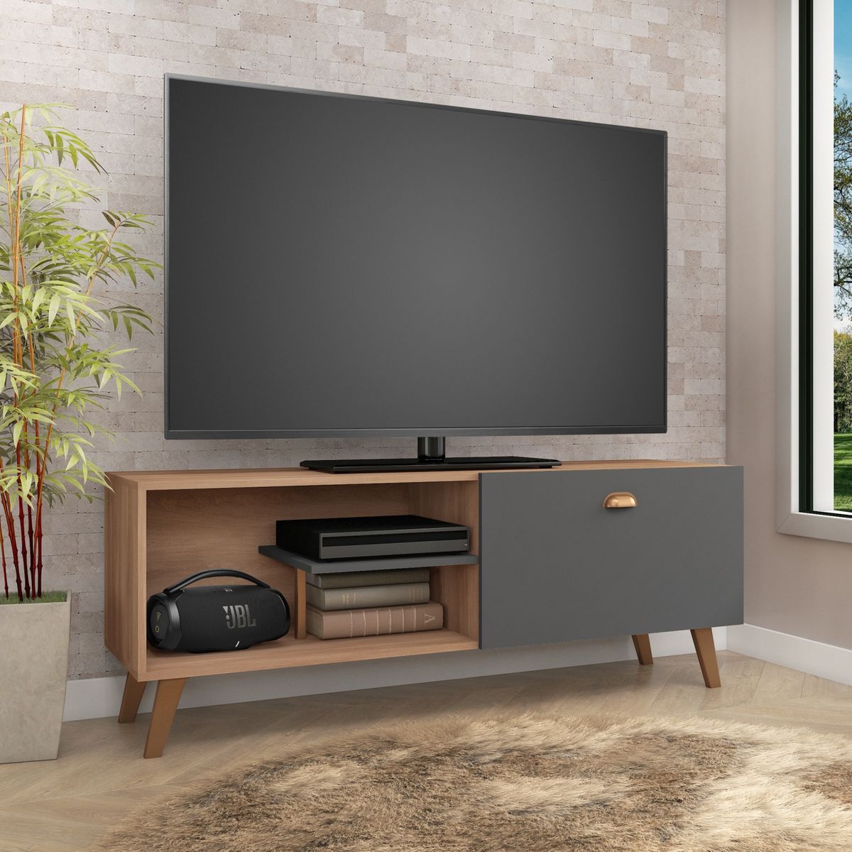 MOBILFRANK - Rack Tv Gris 1 Puerta Nichos R136Gr 60 " Mobilfrank