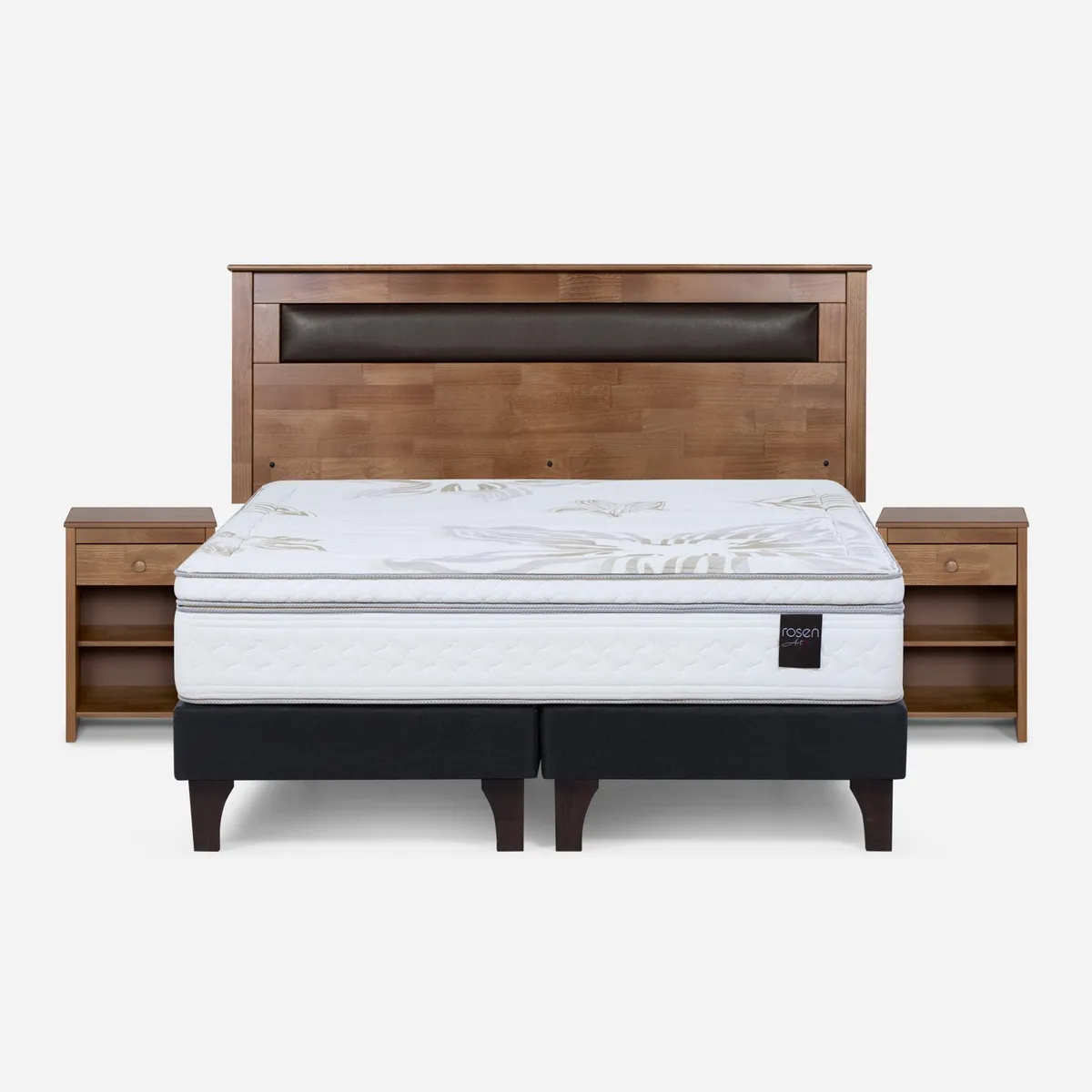 ROSEN - Cama Europea Art 4 2 Plazas x 2.00mt Base Dividida + Respaldo + 2 Veladores Rosen