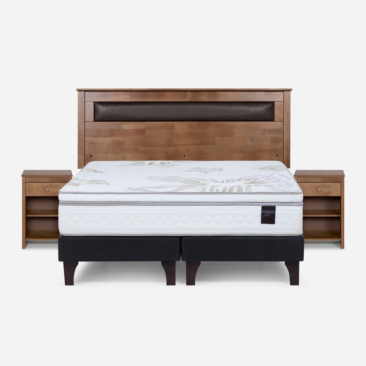 ROSEN - Cama Europea Art 4 2 Plazas x 2.00mt Base Dividida + Respaldo + 2 Veladores Rosen