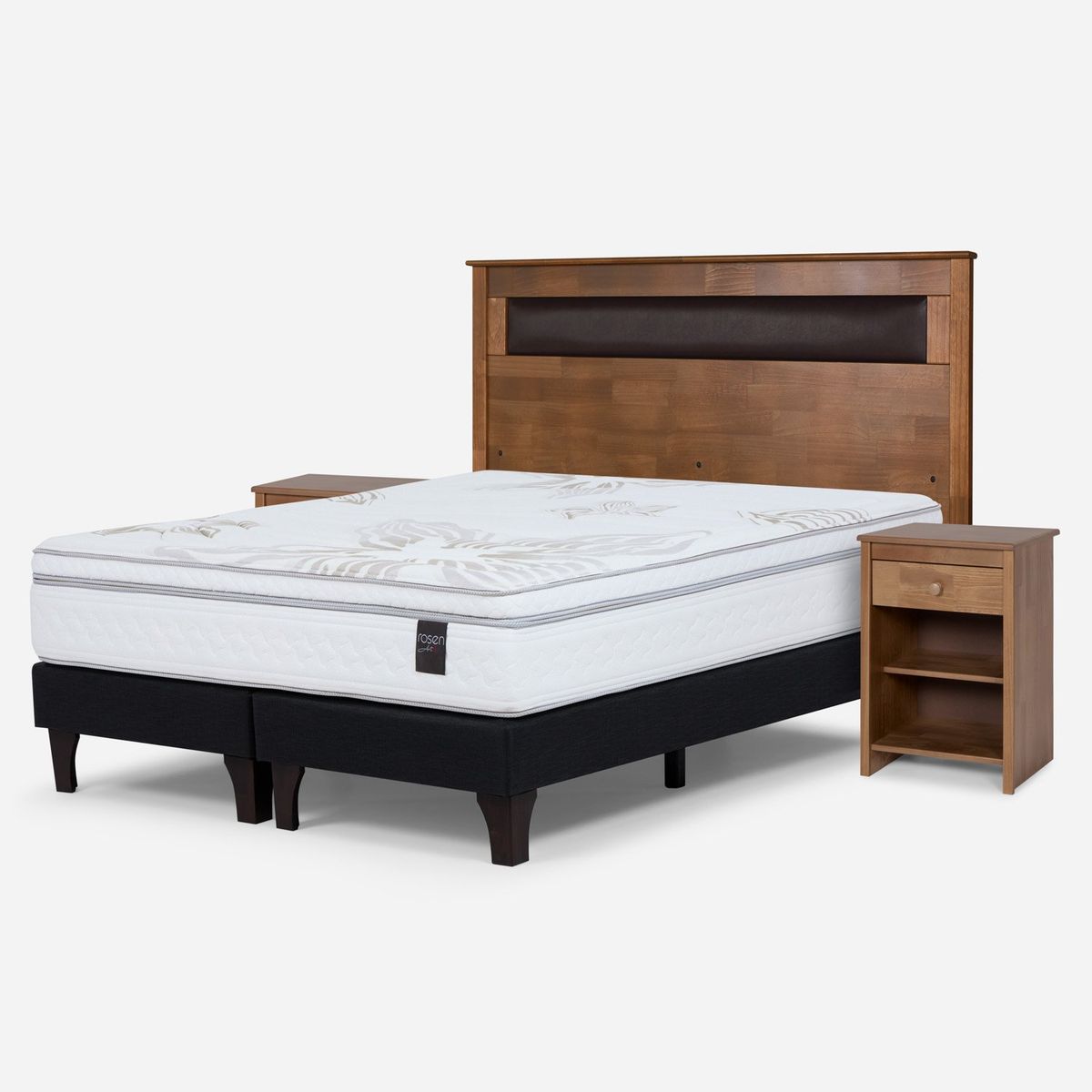 ROSEN - Cama Europea Art 4 2 Plazas x 2.00mt Base Dividida + Respaldo + 2 Veladores Rosen